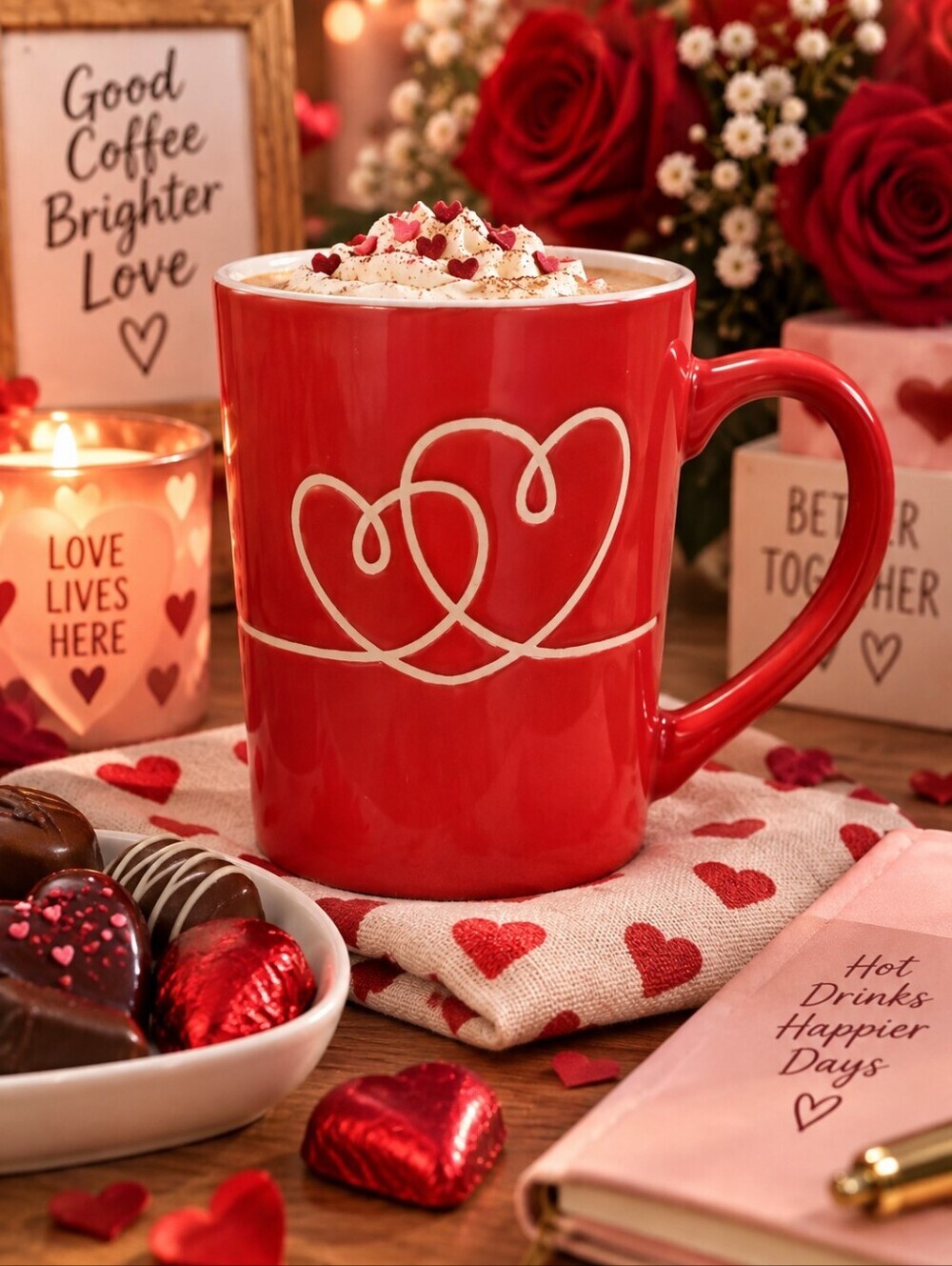 Love Double Heart Mug Valentine's Day Gift Coffee Tea Red Cute Romantic Ceramic